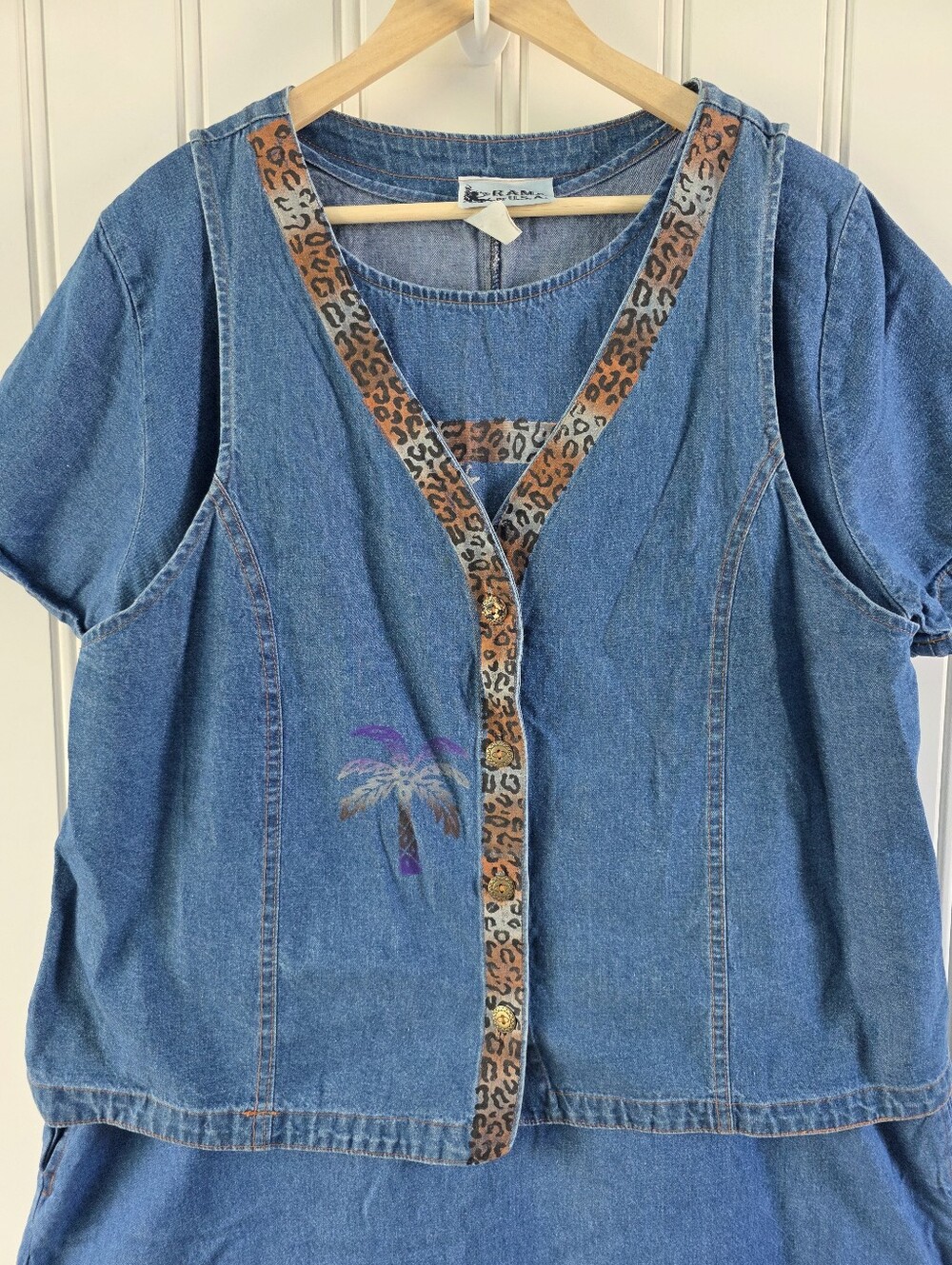 Vintage Rama Of USA 2 Piece Cotton Safari Animal Denim Vest Maxi Dress Blue XXL - Picture 2 of 9